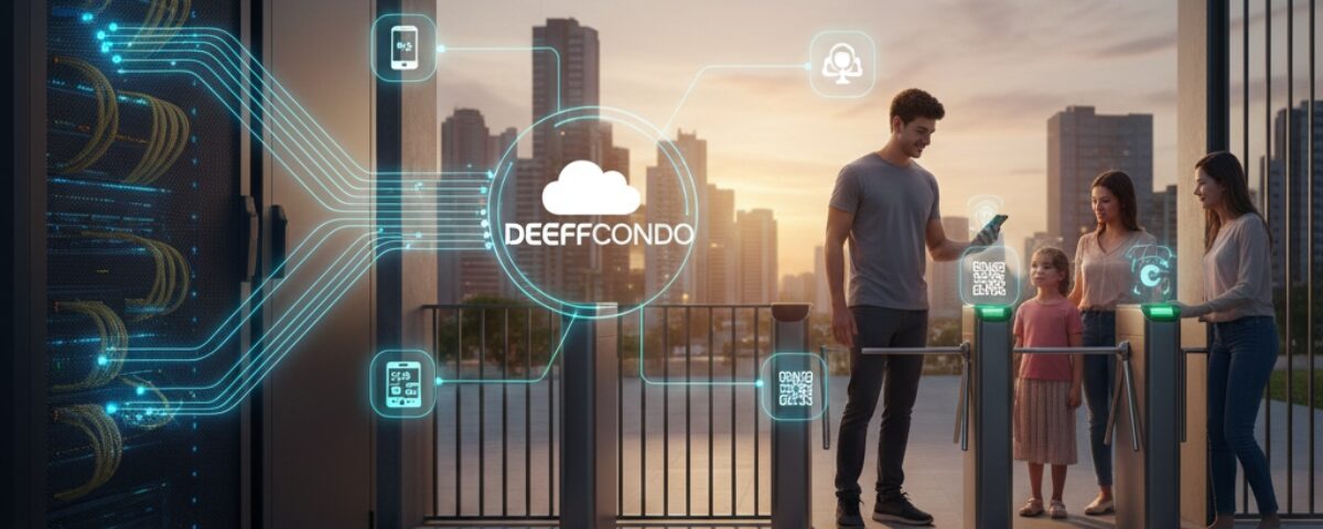 Moradores utilizando smartphone para acesso via QR Code em condomínio moderno em Campinas, com ícone de nuvem simbolizando a alta disponibilidade e segurança do sistema DeeffCondo da Deefftech