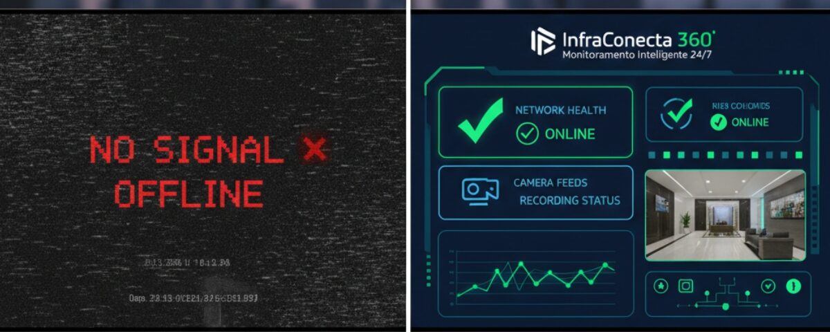 Comparação entre uma câmera de segurança sem sinal e um painel de monitoramento preventivo InfraConecta 360 da Deefftech.