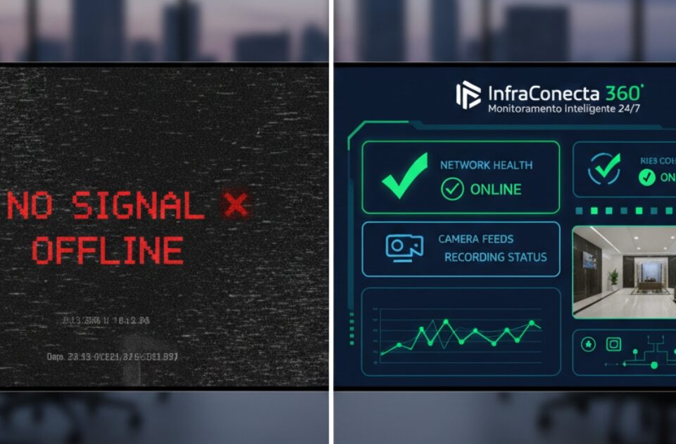 Comparação entre uma câmera de segurança sem sinal e um painel de monitoramento preventivo InfraConecta 360 da Deefftech.