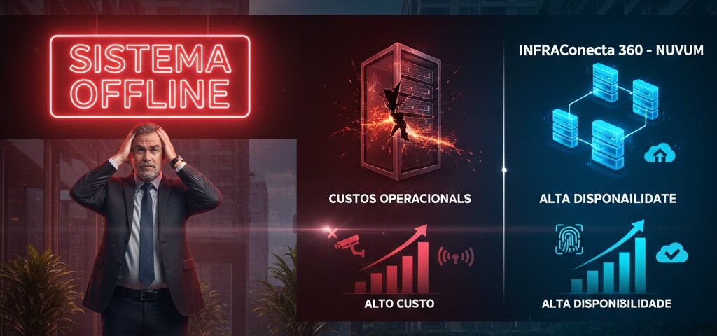 Infográfico sobre continuidade tecnológica para condomínios mostrando a diferença entre sistema offline com prejuízos e a solução InfraConecta 360 com alta disponibilidade em nuvem.
