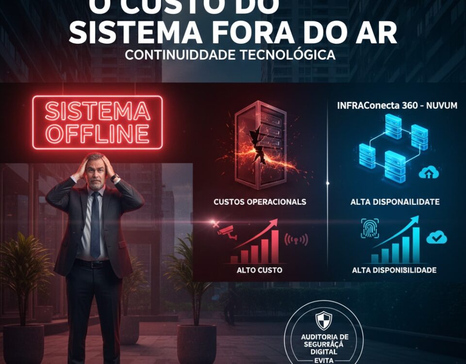 Infográfico sobre continuidade tecnológica para condomínios mostrando a diferença entre sistema offline com prejuízos e a solução InfraConecta 360 com alta disponibilidade em nuvem.