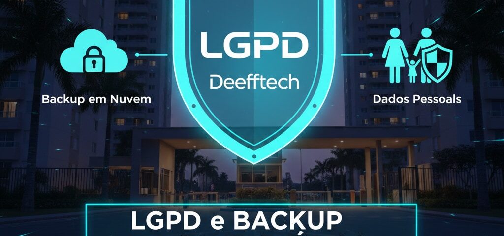Thumbnail sobre LGPD e Backup em condomínios, apresentando um escudo com o logo da Deefftech, ícones de backup em nuvem e proteção de dados pessoais dos moradores.