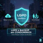 Thumbnail sobre LGPD e Backup em condomínios, apresentando um escudo com o logo da Deefftech, ícones de backup em nuvem e proteção de dados pessoais dos moradores.