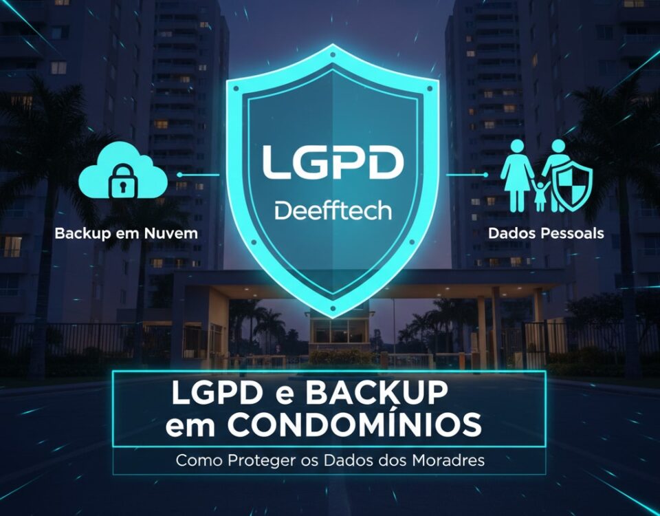 Thumbnail sobre LGPD e Backup em condomínios, apresentando um escudo com o logo da Deefftech, ícones de backup em nuvem e proteção de dados pessoais dos moradores.