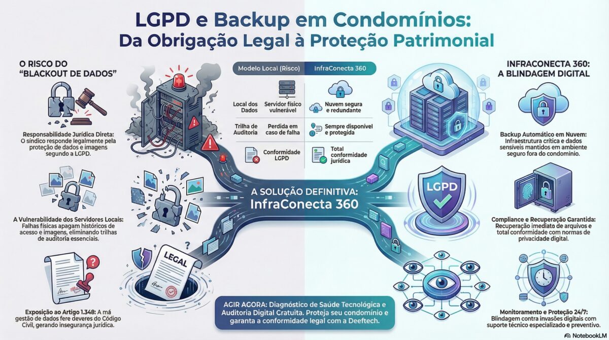 Infográfico comparativo entre o risco de blackout de dados em servidores locais e a blindagem digital da Deefftech com total conformidade jurídica à LGPD.