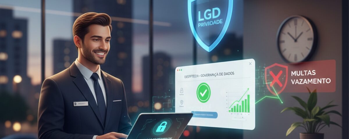 Profissional de portaria operando sistema digital seguro com ícones de proteção de dados LGPD e escudo de privacidade, representando a conformidade em condomínios de Campinas.