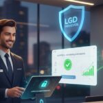 Profissional de portaria operando sistema digital seguro com ícones de proteção de dados LGPD e escudo de privacidade, representando a conformidade em condomínios de Campinas.