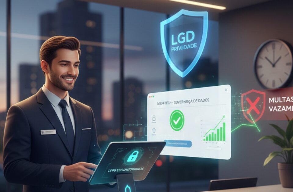 Profissional de portaria operando sistema digital seguro com ícones de proteção de dados LGPD e escudo de privacidade, representando a conformidade em condomínios de Campinas.