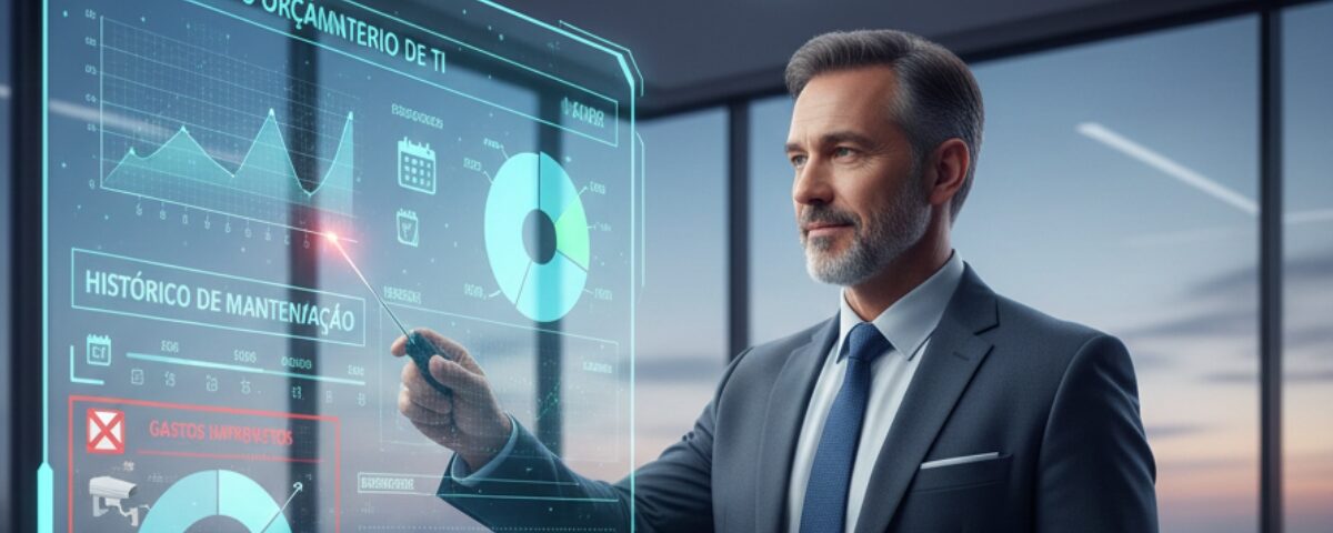 Síndico profissional analisando painel digital de planejamento orçamentário de TI, com gráficos de histórico de manutenção e redução de custos condominiais, consultoria Deefftech.