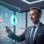 Síndico profissional analisando painel digital de planejamento orçamentário de TI, com gráficos de histórico de manutenção e redução de custos condominiais, consultoria Deefftech.