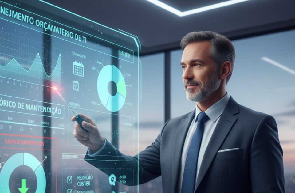Síndico profissional analisando painel digital de planejamento orçamentário de TI, com gráficos de histórico de manutenção e redução de custos condominiais, consultoria Deefftech.