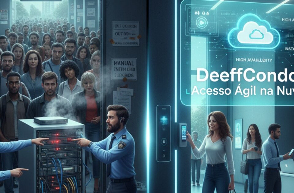 Comparação entre uma portaria de condomínio caótica com servidor local travado e uma portaria ágil com sistema de acesso na nuvem DeeffCondo da Deefftech.
