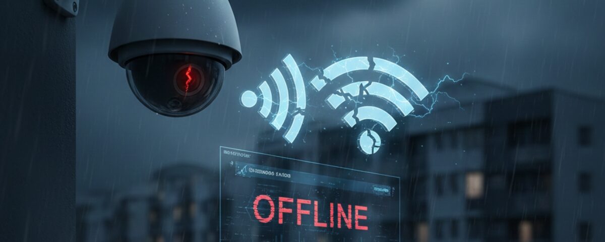 Câmera de segurança de condomínio com aviso de offline e ícone de Wi-Fi instável em cenário noturno chuvoso, ilustrando falhas de infraestrutura.