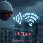 Câmera de segurança de condomínio com aviso de offline e ícone de Wi-Fi instável em cenário noturno chuvoso, ilustrando falhas de infraestrutura.