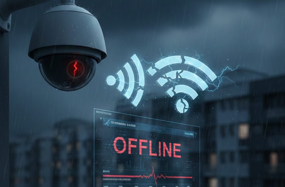 Câmera de segurança de condomínio com aviso de offline e ícone de Wi-Fi instável em cenário noturno chuvoso, ilustrando falhas de infraestrutura.