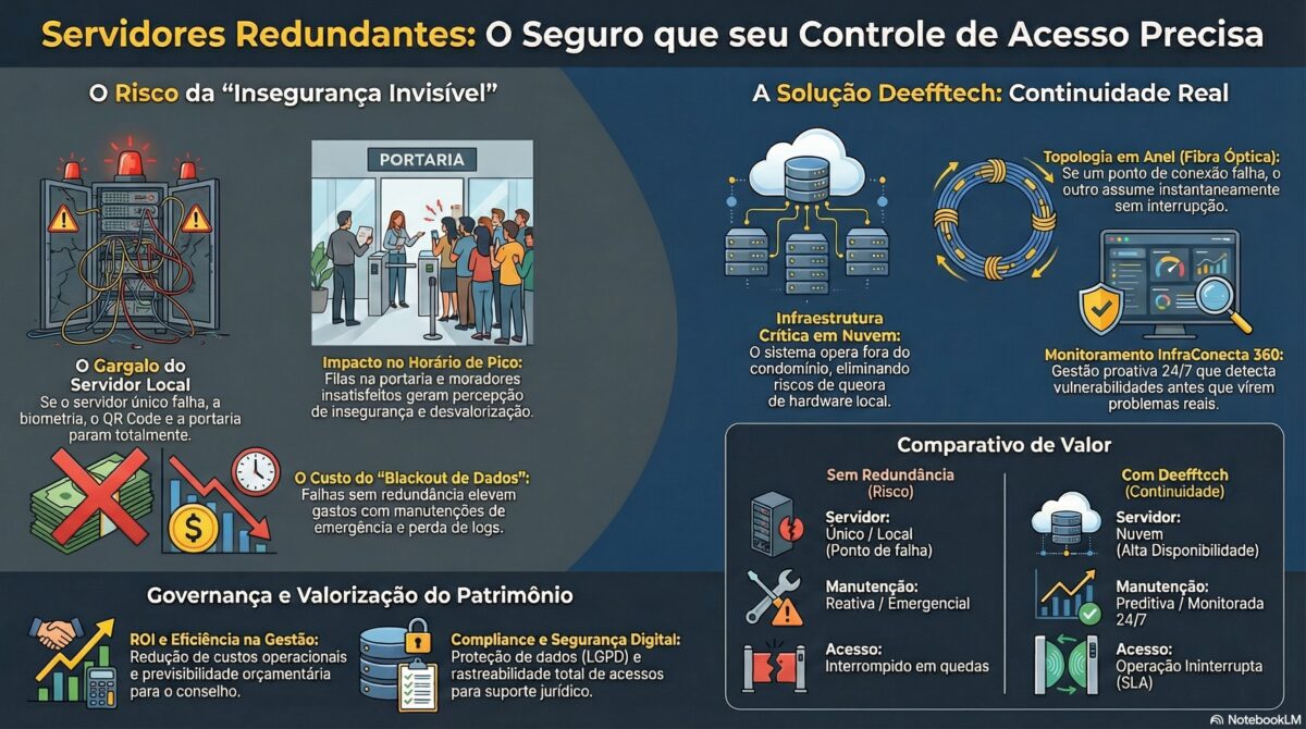 Infográfico comparando riscos de servidor local único versus a solução de infraestrutura crítica em nuvem da Deefftech com redundância e topologia em anel.