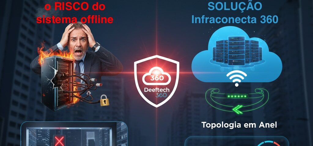 Infográfico comparando riscos de servidor local único versus a solução de infraestrutura crítica em nuvem da Deefftech com redundância e topologia em anel.