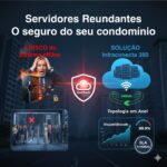 Infográfico comparando riscos de servidor local único versus a solução de infraestrutura crítica em nuvem da Deefftech com redundância e topologia em anel.