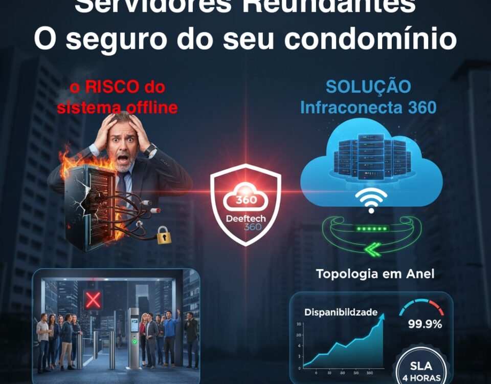 Infográfico comparando riscos de servidor local único versus a solução de infraestrutura crítica em nuvem da Deefftech com redundância e topologia em anel.