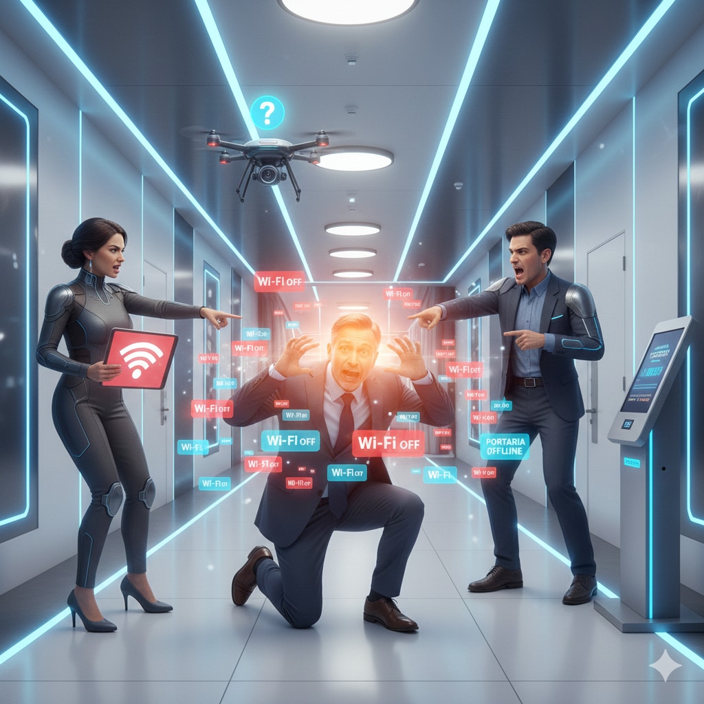 Ilustração futurista de um síndico sob pressão, cercado por notificações de Wi-Fi offline e moradores reclamando da queda de conexão na portaria.