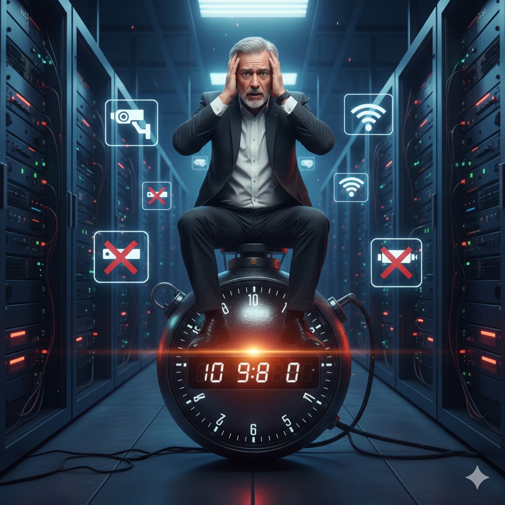 Síndico expressando grande preocupação sentado sobre uma bomba-relógio gigante em um data center, simbolizando os riscos de falhas de segurança não monitoradas.
