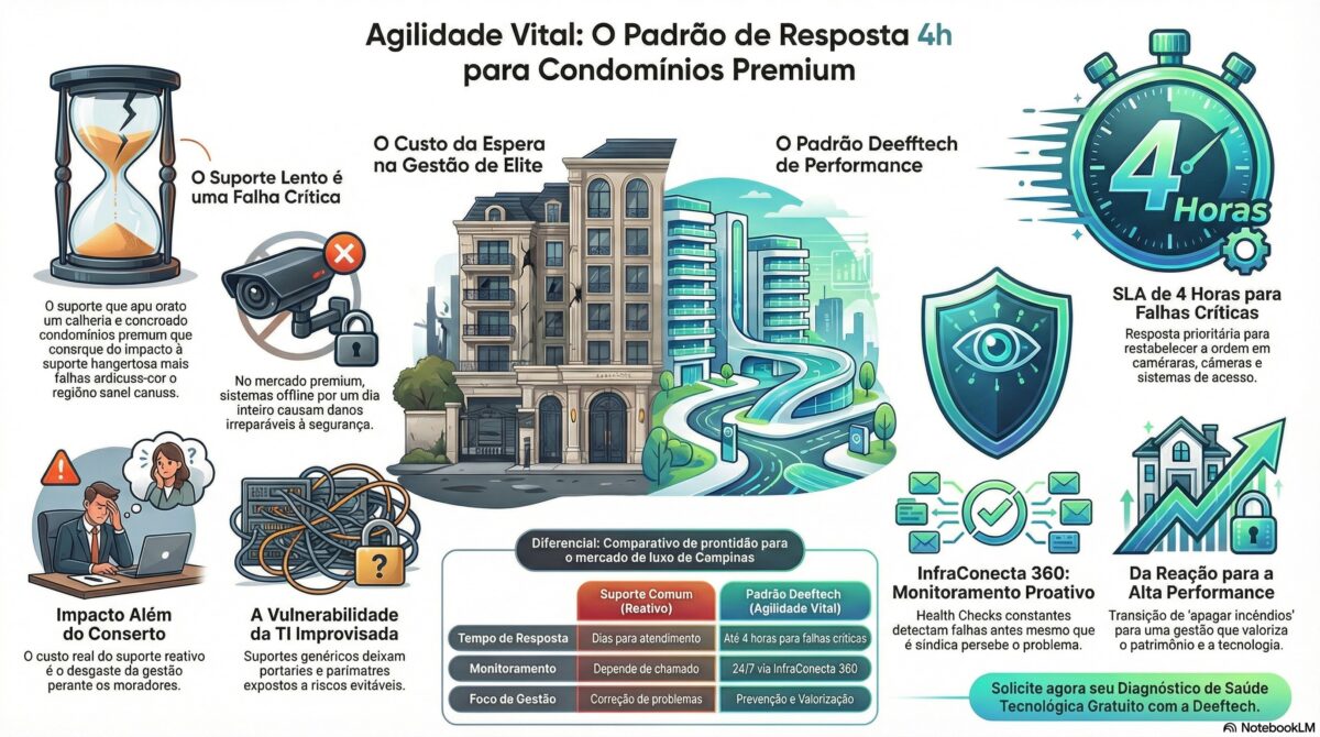 Infográfico sobre agilidade no suporte tecnológico para condomínios premium, destacando o SLA de 4 horas para falhas críticas, monitoramento proativo InfraConecta 360 e comparativo entre suporte reativo e o padrão Deefftech em Campinas.