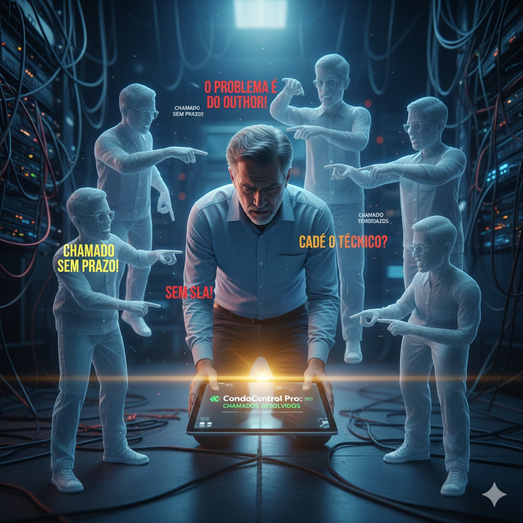Síndico estressado sendo cobrado por diversos técnicos virtuais que apontam erros uns para os outros, enquanto segura um tablet do CondoControl Pro com a mensagem de chamados resolvidos.