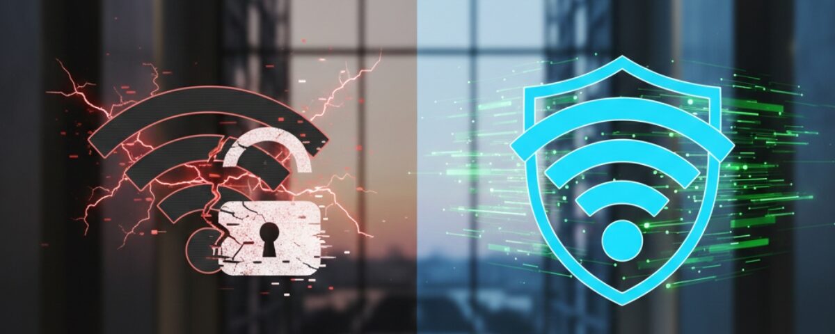 Ilustração comparando uma rede Wi-Fi instável e vulnerável com uma rede protegida por firewall e blindagem digital da Deefftech em um condomínio.