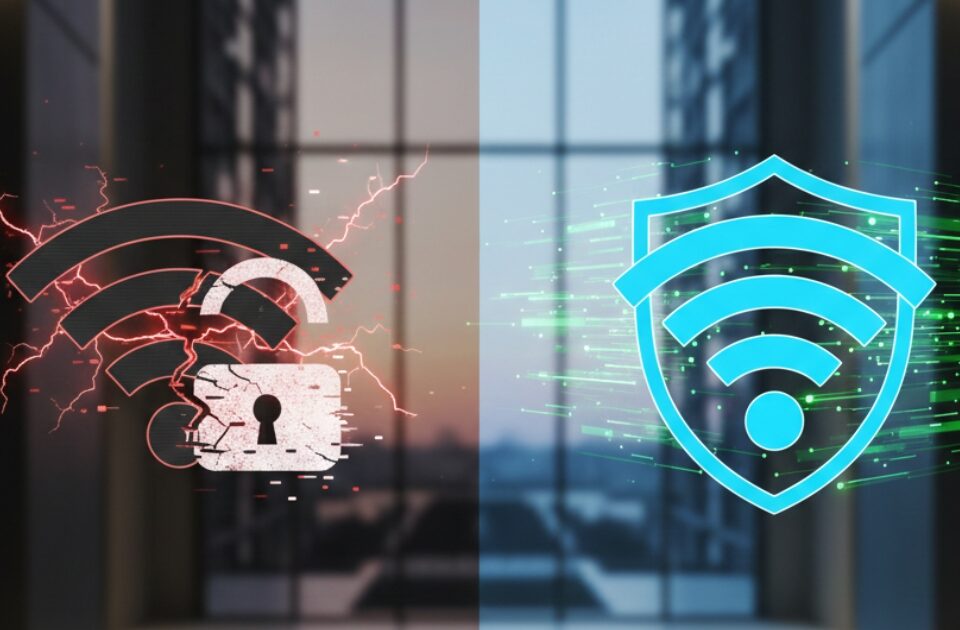 Ilustração comparando uma rede Wi-Fi instável e vulnerável com uma rede protegida por firewall e blindagem digital da Deefftech em um condomínio.